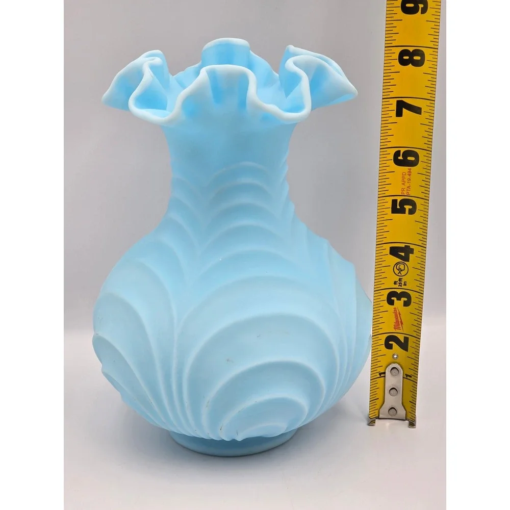 Fenton Vintage Satin Glass Vase Blue‎ Ruffled Rim 8 Inch Light Blue Embossed